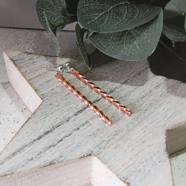 Earrings, Copper and Sterling Silver Spiral Twist Droppers with Stud Fitting