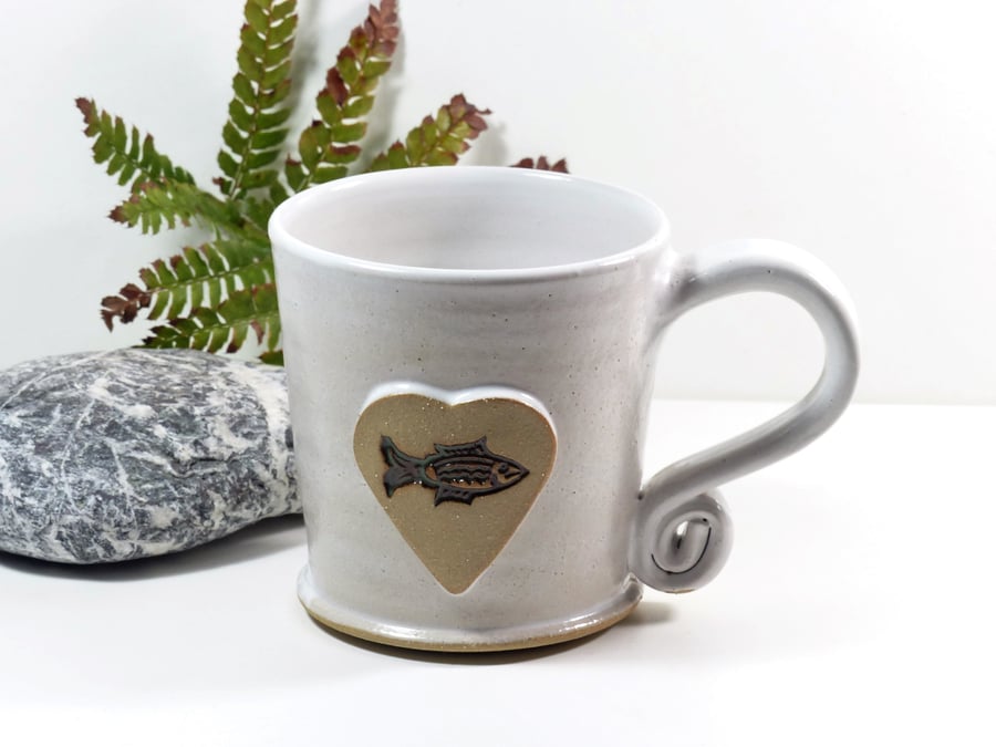 Lovely White Fish Mug - Handmade Wheelthrown Stoneware Pottery