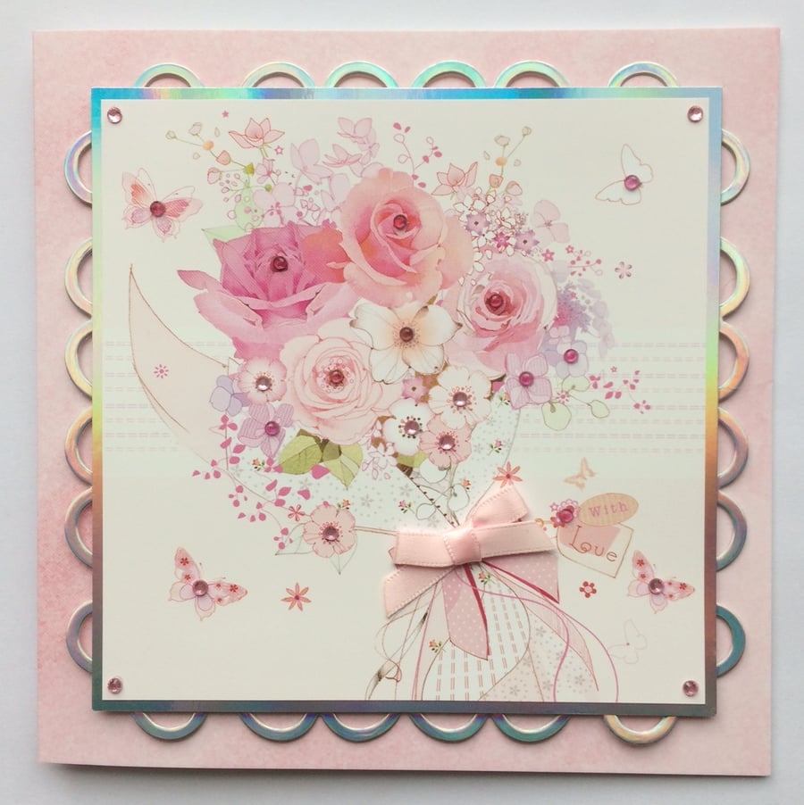 Birthday Card Bouquet of Pink Roses and Butterflies Any Occasion With Love 3D