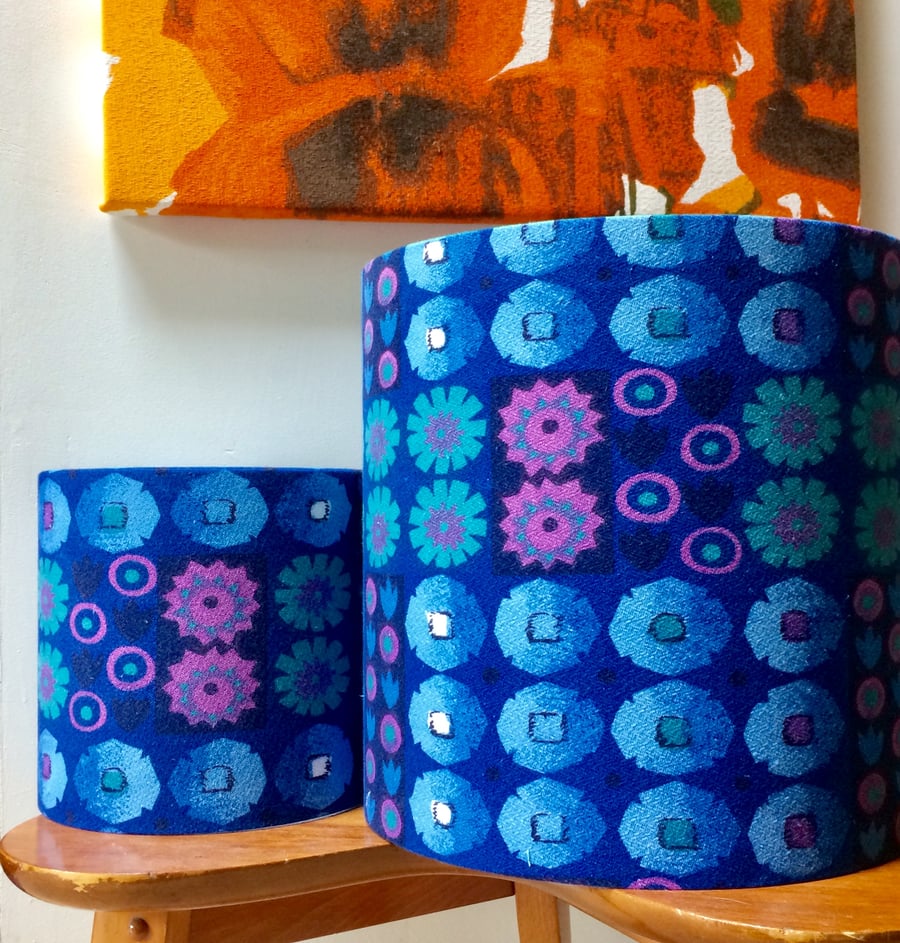 50s Blue and Pink Geometric and DAISY Barkcloth  Vintage Fabric Lampshade option