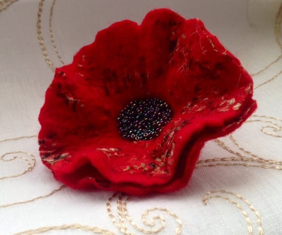 Handmade Felt Red Poppy Brooch with Beaded Centre Gift for Women 