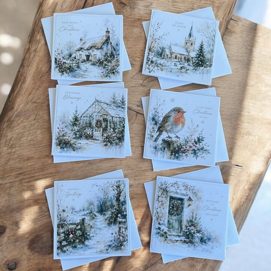 Traditional Winter Christmas Card Set of Six Square Seasonal Greetings Cards