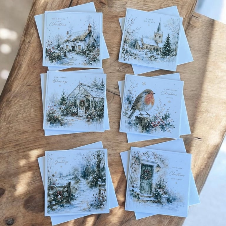 Traditional Winter Christmas Card Set of Six Square Seasonal Greetings Cards