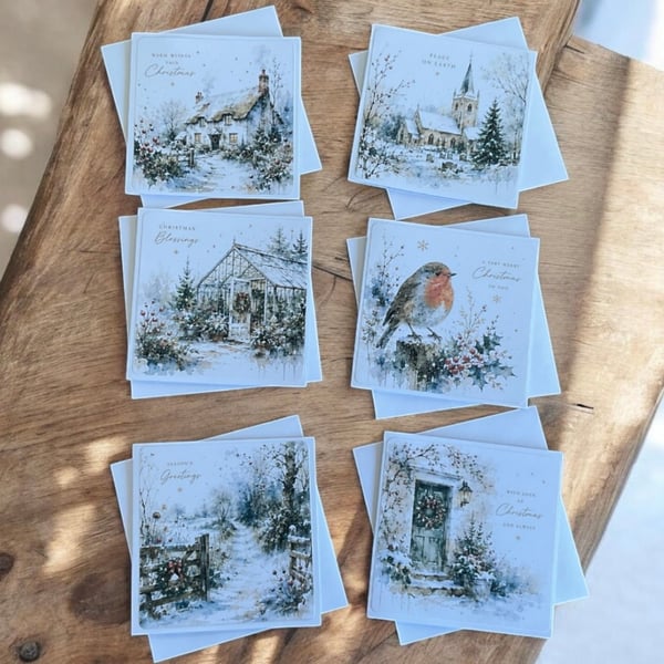 Traditional Winter Christmas Card Set of Six Square Seasonal Greetings Cards