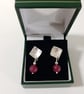 Sterling Silver Textured Square Earrings With Raspberry Quartz Drops  - Image 7