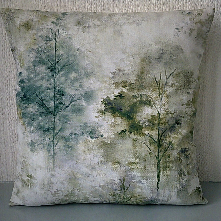 16" Tree Pillow Cover Teal Green Grey Digital Printed Woodland Linen Look Cotton