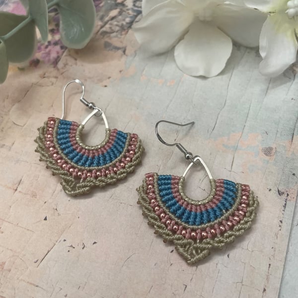 Boho micro macrame fan shaped beaded tear drop earrings, boho girl gift 
