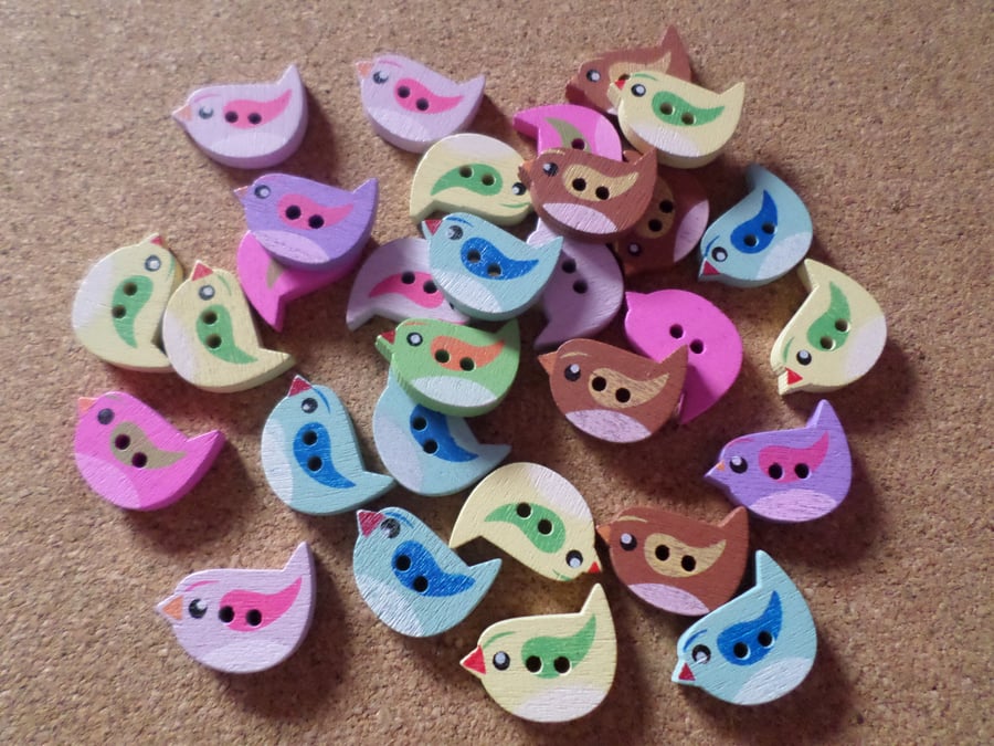 10 x 2-Hole Painted Wooden Buttons - 22mm - Bird - Mixed Colour 