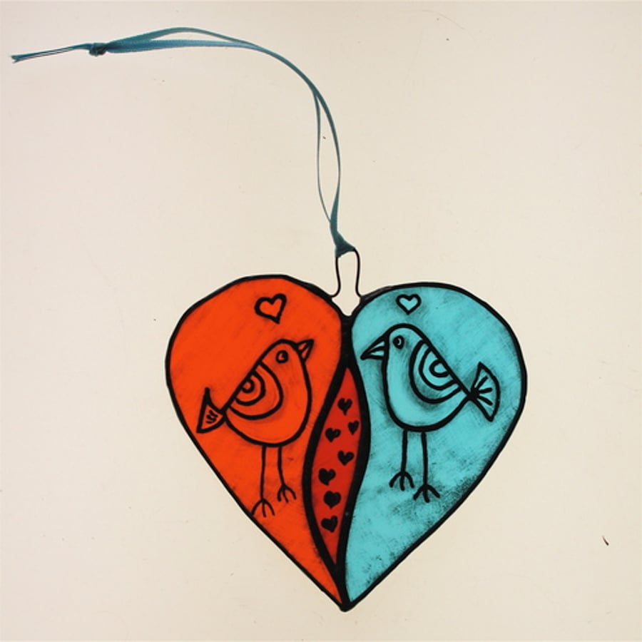 Painted Stained Glass Heart - Lovebirds
