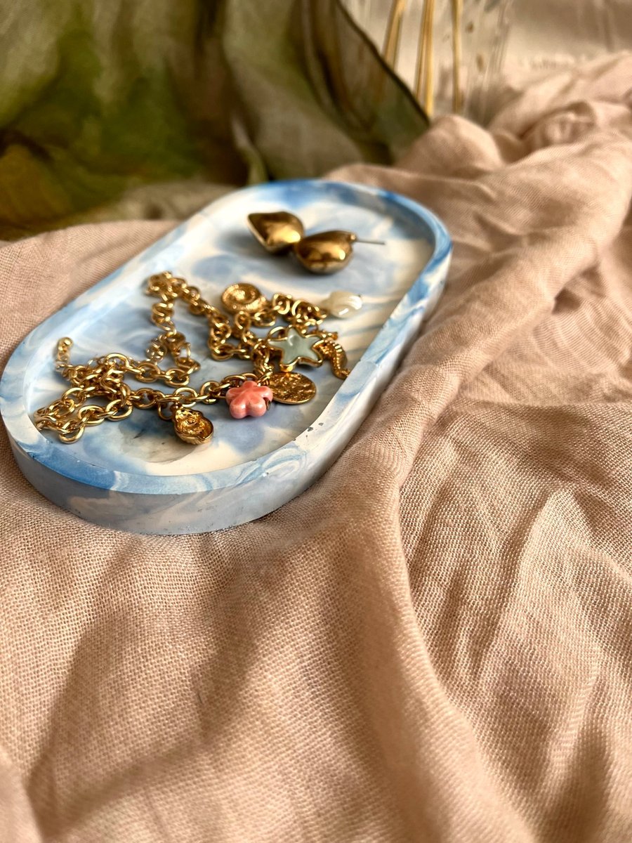 Earthy blue marble effect oval trinket tray