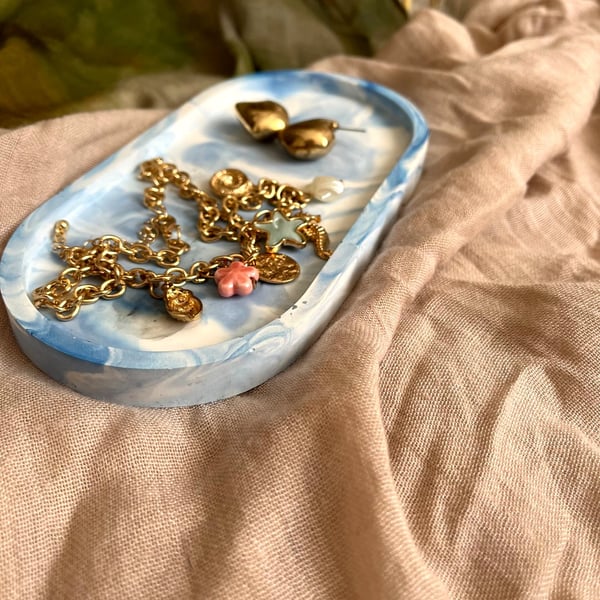 Earthy blue marble effect oval trinket tray