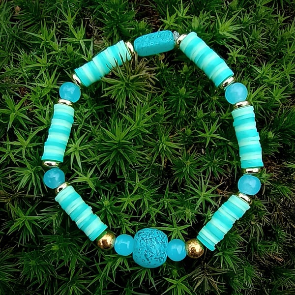 "Lligwy Beach" - Stretchy polymer clay & bead fashion bracelet - Turquoise 