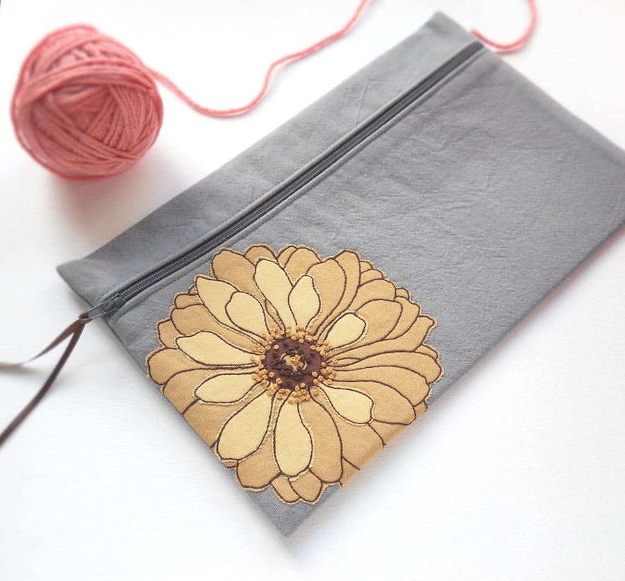 LARGE free motion & hand embroidered large floral zip purse pouch case - yellow