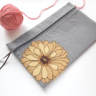 LARGE free motion & hand embroidered large floral zip purse pouch case - yellow