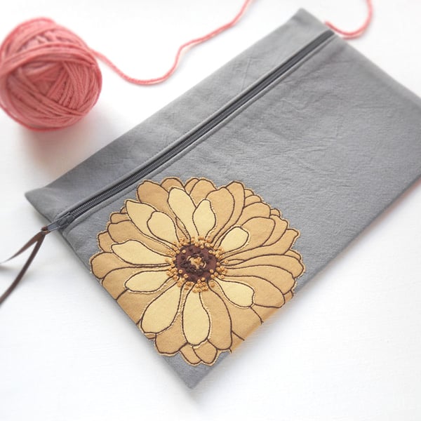 LARGE free motion & hand embroidered large floral zip purse pouch case - yellow