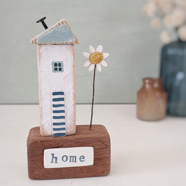Little Wooden Hut with Clay Daisy Flower 'Home'