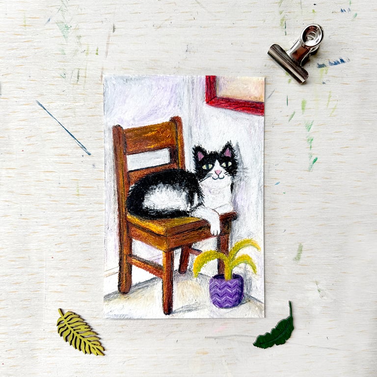 Original Cat Painting - Oil Pastel Painting - One of a kind