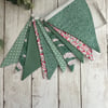 Handmade Fabric Bunting 10 Flags in Green, Pink & White Floral and Patterns