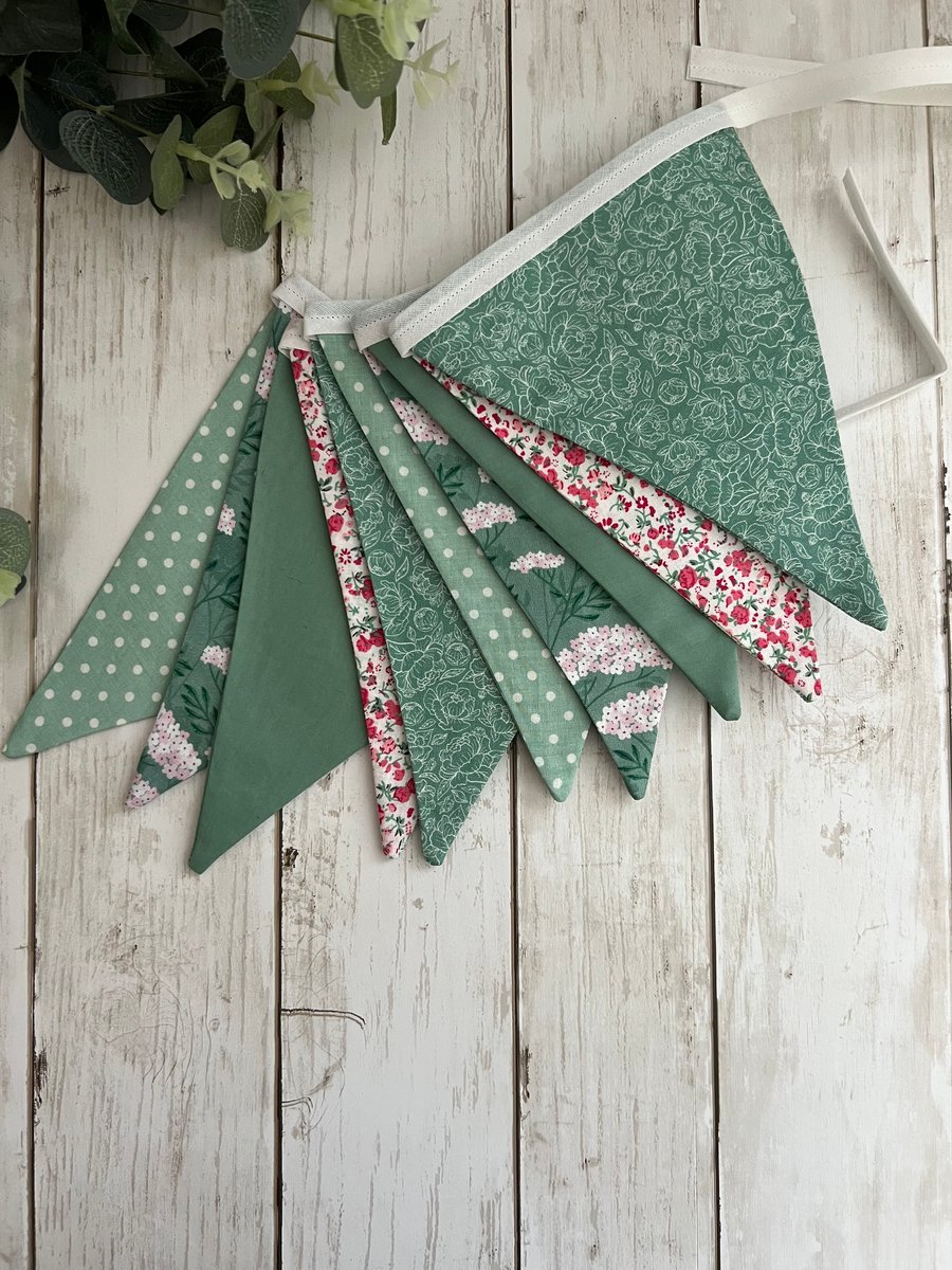 Handmade Fabric Bunting 10 Flags in Green, Pink & White Floral and Patterns