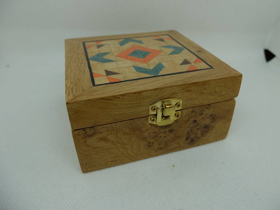 Navajo-inspired hand veneered lidded wooden box