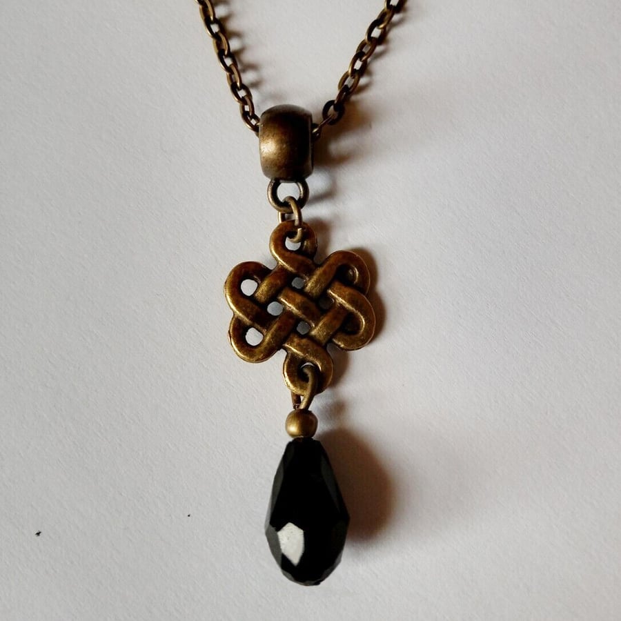 Bronze Black Crystal Celtic Teardrop Necklace