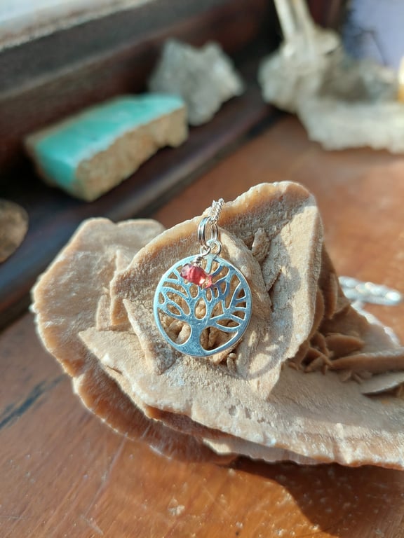 Sterling Silver and  Ruby Tree of Life Necklace - July Birthstone