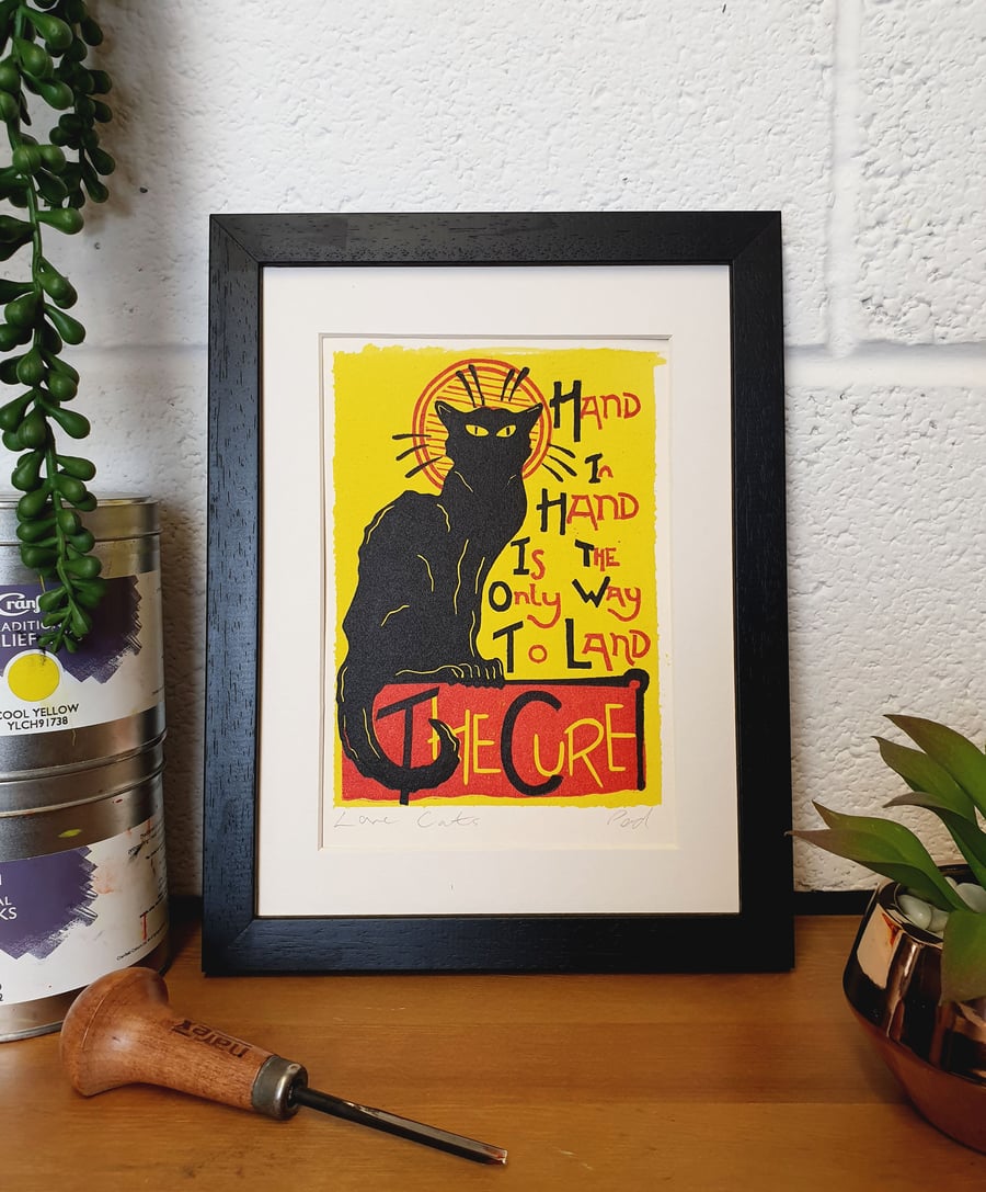 The Cure Love Cats- Original Hand Pressed Lino Print