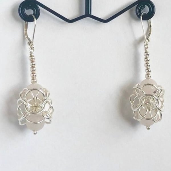 Sterling Silver Rose Quartz Chainmaille Earrings