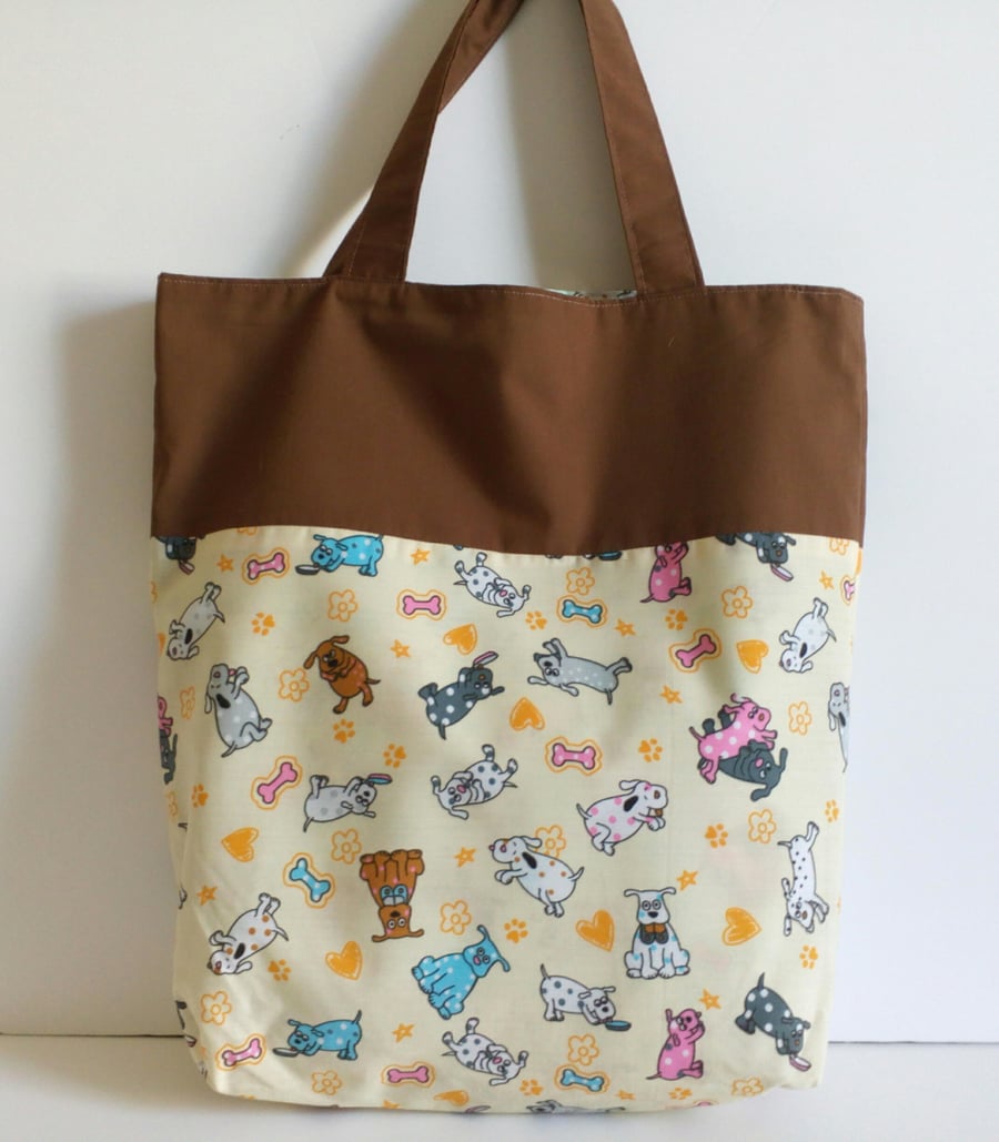 Reversible tote bag, dog design, fabric bag, shopper, shopping bag