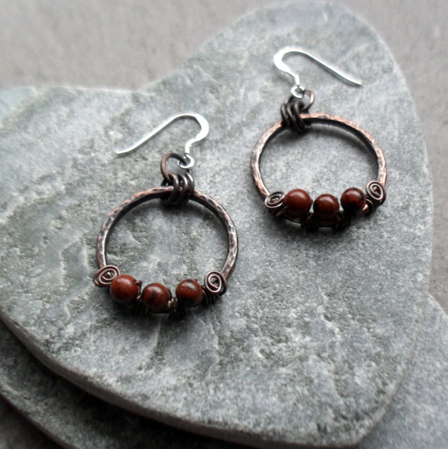 Oxidised Copper Hoops Mahogany Obsidian Sterling Silver  Dangle Earrings