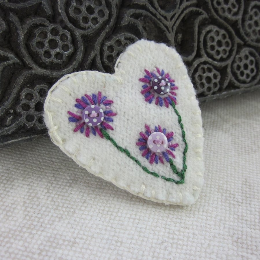 Pale Cream Embroidered Flower Heart Shaped Felt Brooch