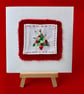 Hand embroidered Christmas card with a bright red and green abstract tree,unique