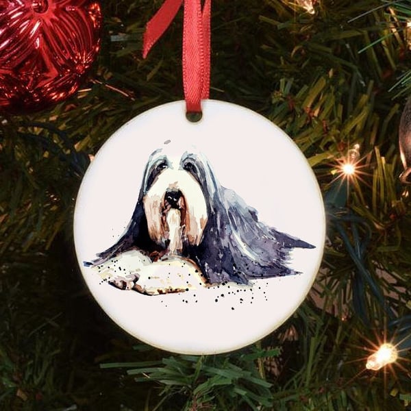 Bearded Collie Ceramic Circle Tree Decoration.Bearded Collie Xmas Tree Decoratio