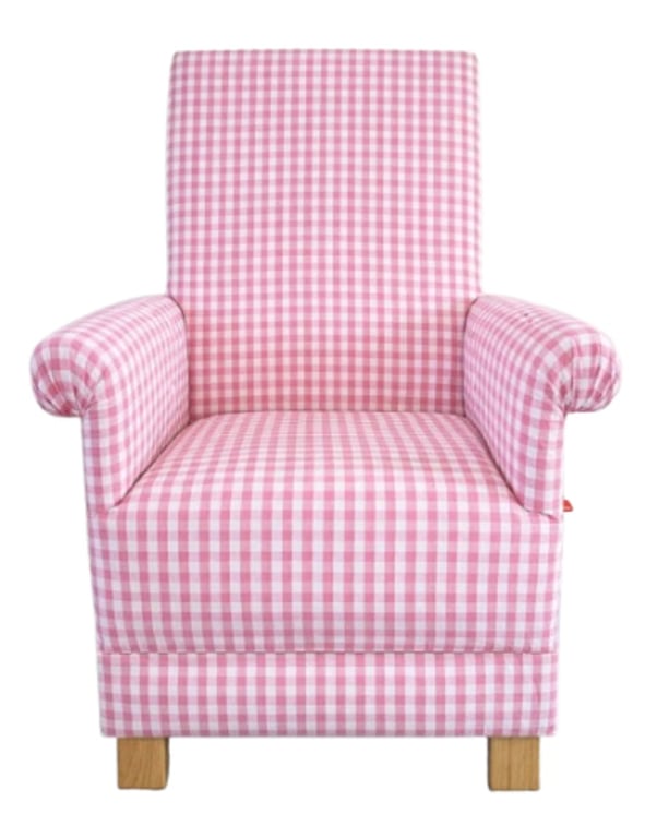 Pink Gingham Fabric Adult Armchair Chair Checked Accent Bedroom Kitchen Small