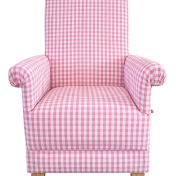 Pink Gingham Fabric Adult Armchair Chair Checked Accent Bedroom Kitchen Small