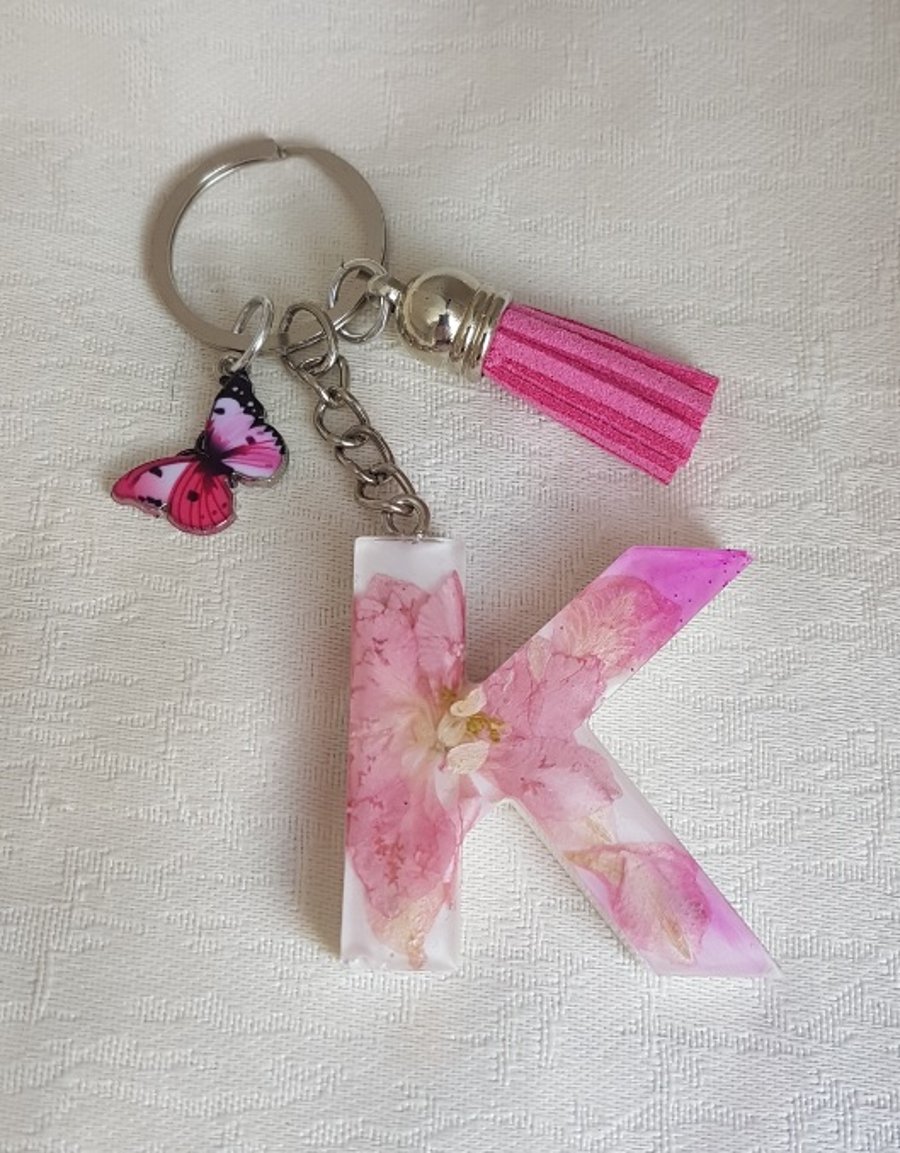 SALE - Pretty Pink Flower Letter K Alphabet Key Ring - Key Chain - Bag Charm.