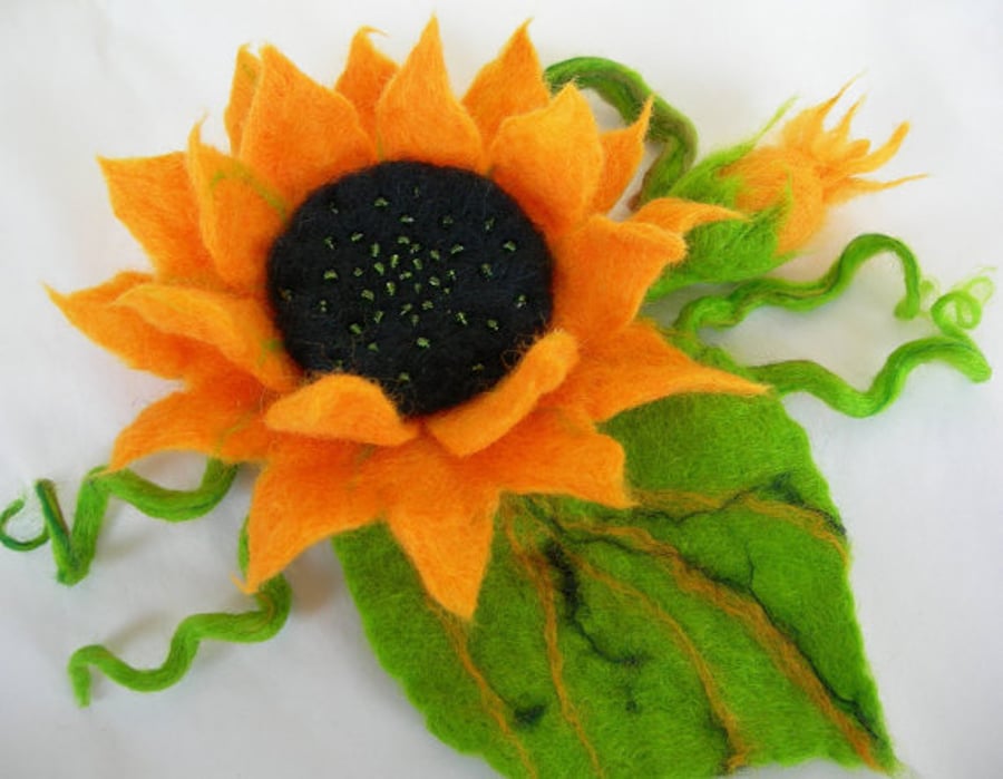  Hand Felted, Wool Jewelry BROOCH -100% WOOL MERINO-SUNFLOWERS-