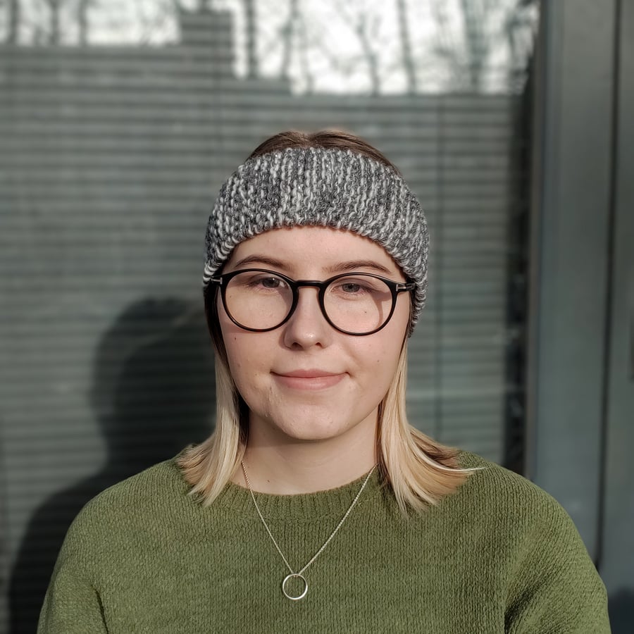 Ear Warmer Headband, Knitted Grey, Silver & White Headband 