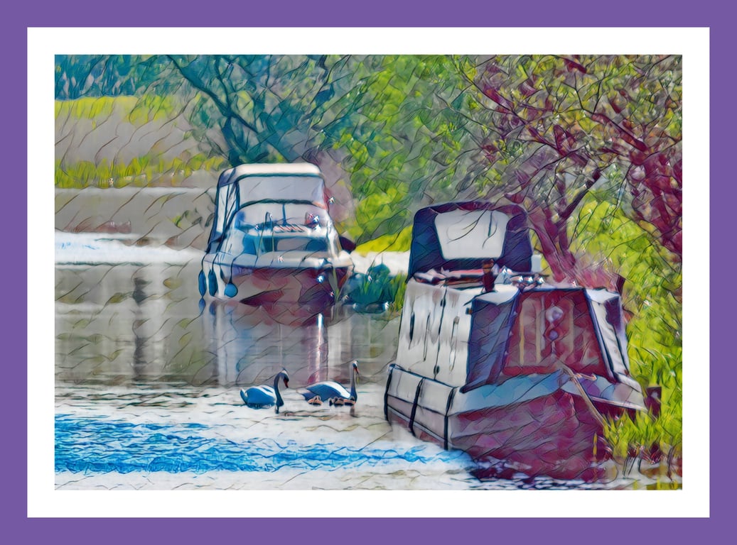 Arty Swans with Chicks Norfolk Greeting Card A5