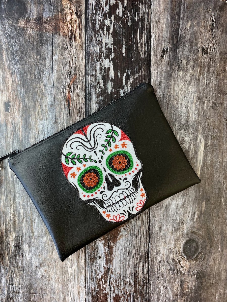 Faux leather Sugar Skull Clutch Zipper Pouch 