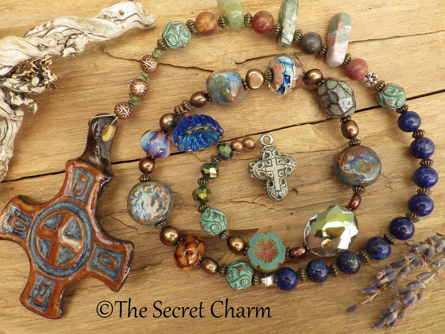 Celtic Cross Prayer Beads, Emerald Meditation Beads OOAK