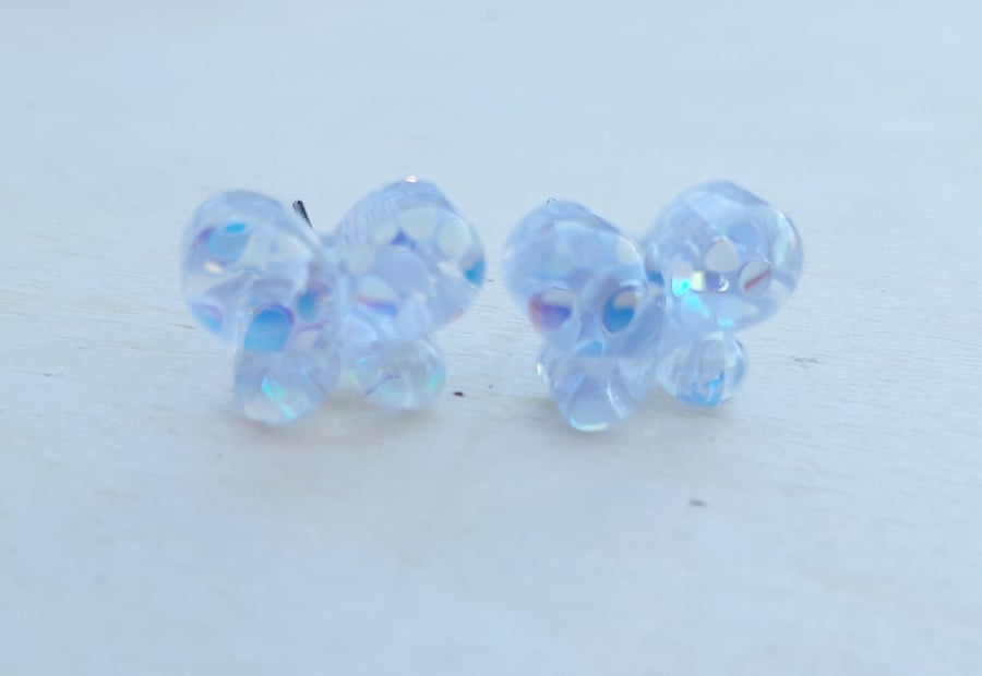 Kitsch butterfly glitter resin stud earrings iridescent white