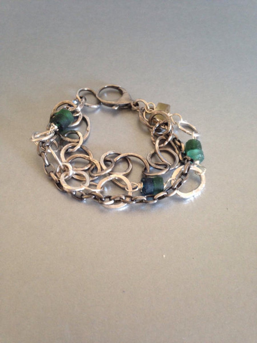 Multi Strand Silver Bracelet with Roman Glass Beads