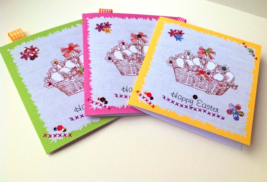 Easter Cards,Pk of 3 Easter Eggs in Basket Design,Hand Finished Card 
