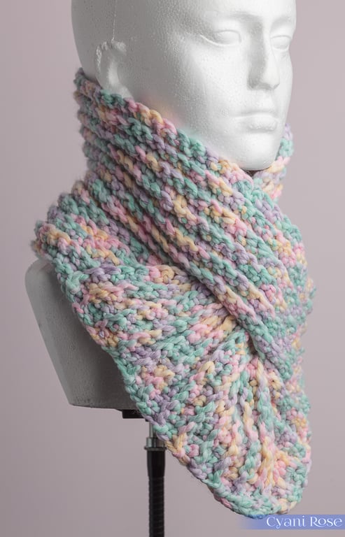 Cowl Scarf crochet lovely cosy ribbed in pale pastel colours