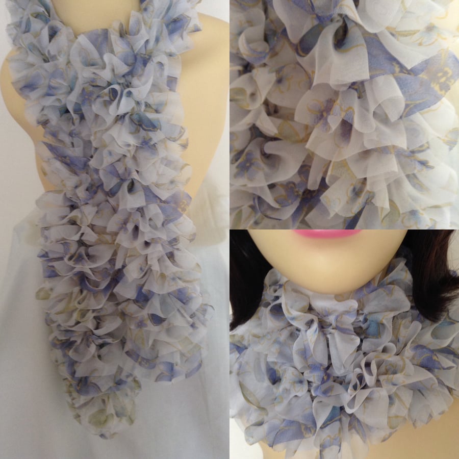 Knitted Frilly Ribbon Scarf in White & Blue