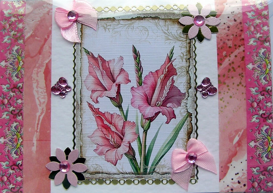 Pink Gladioli Flower - Hand Crafted Decoupage Greeting Card - Blank 2871
