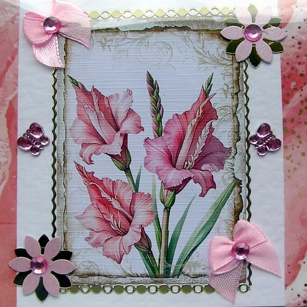 Pink Gladioli Flower - Hand Crafted Decoupage Greeting Card - Blank 2871