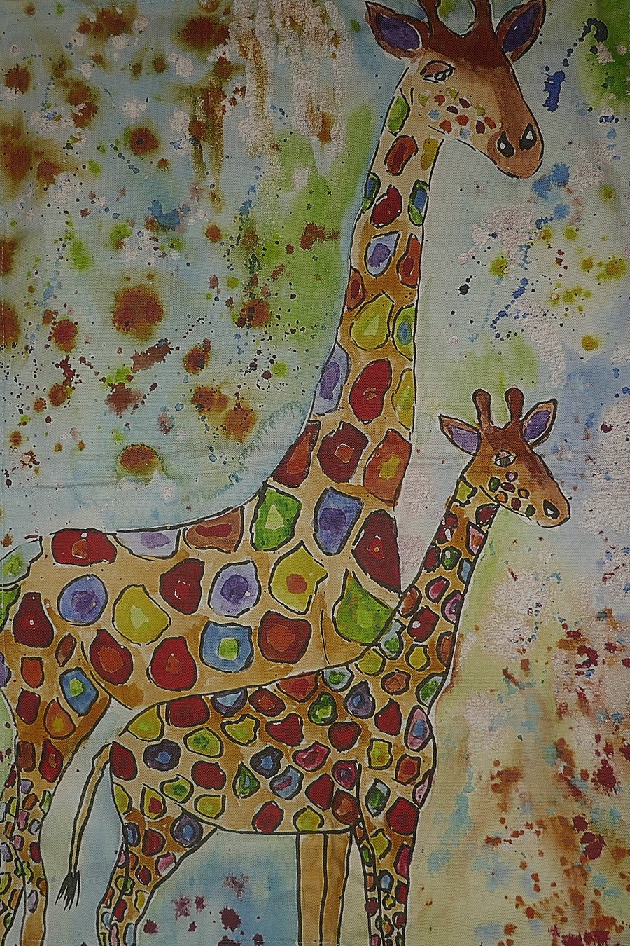 Colourful Mother and Baby Giraffes Teatowel 