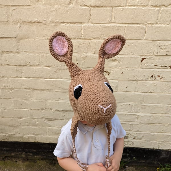 Crochet Hare rabbit hat, winter novelty hat, newborn, child, toddler, adult size